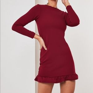 Burgundy Long Sleeve Frill Mini Dress
